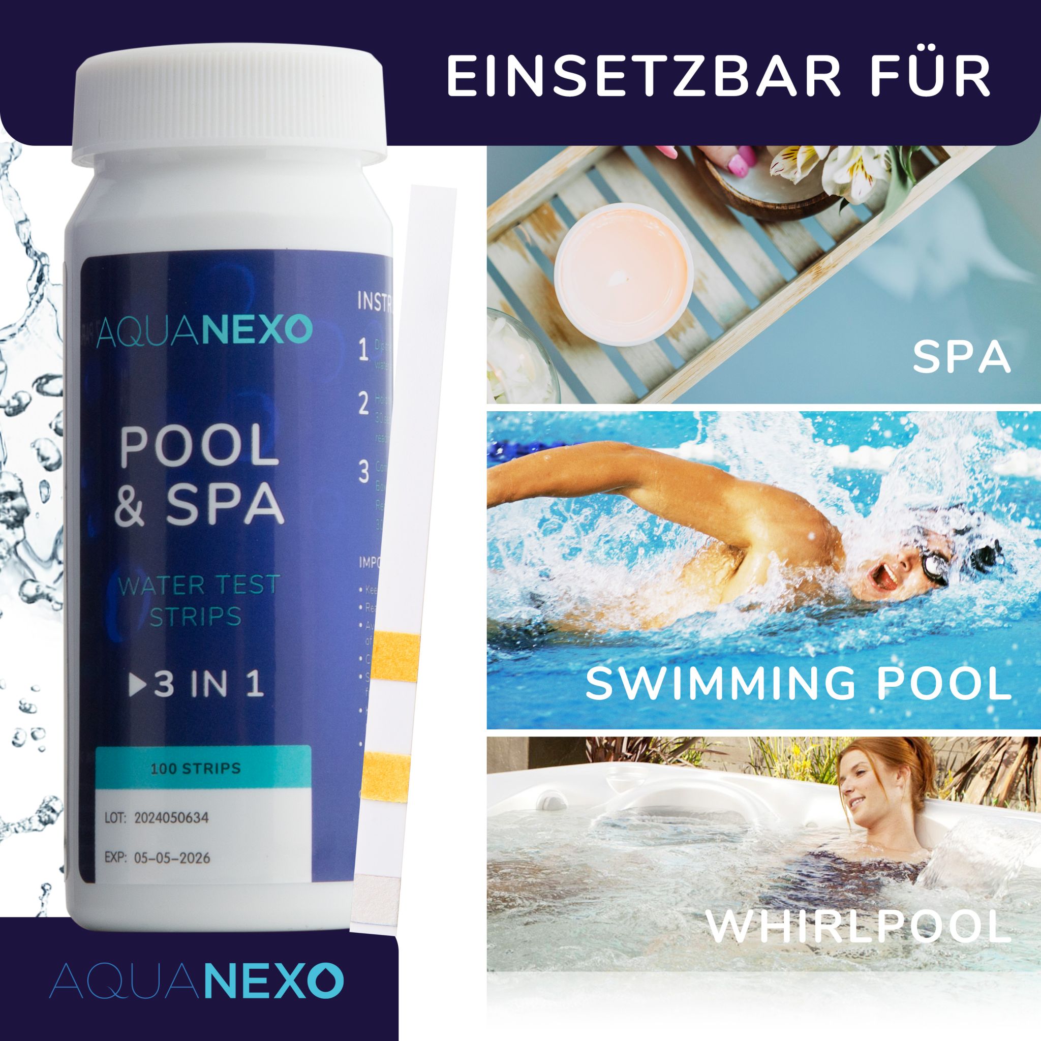 Aquanexo Pool Teststreifen 3in1 pH und Chlor Wassertester 100 st.