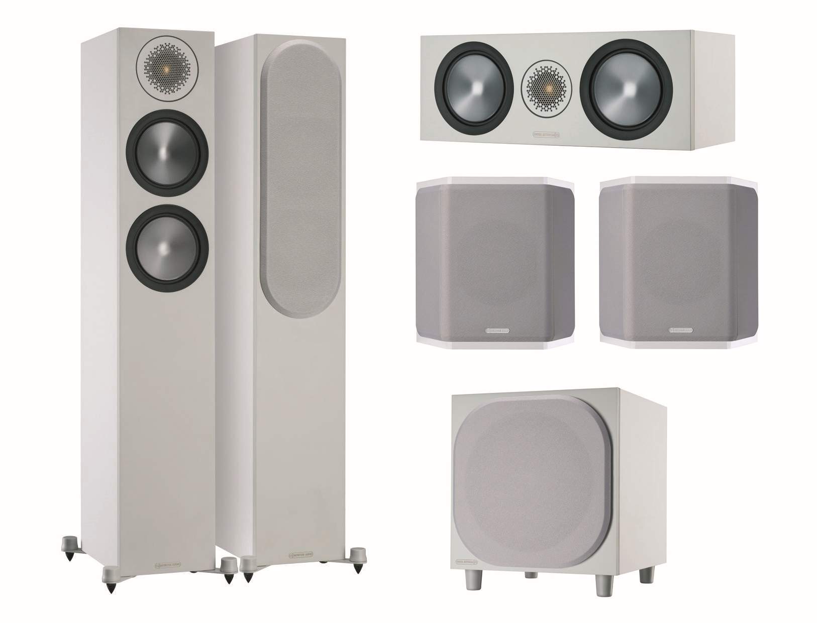 Monitor Audio Bronze 6G Cinema 200 Heimkino Lautsprecher-Set weiß matt (Frontseite grau)