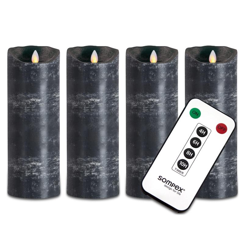 4er Set Sompex Flame LED Echtwachskerze anthrazit 8x23cm mit Fernbedienung