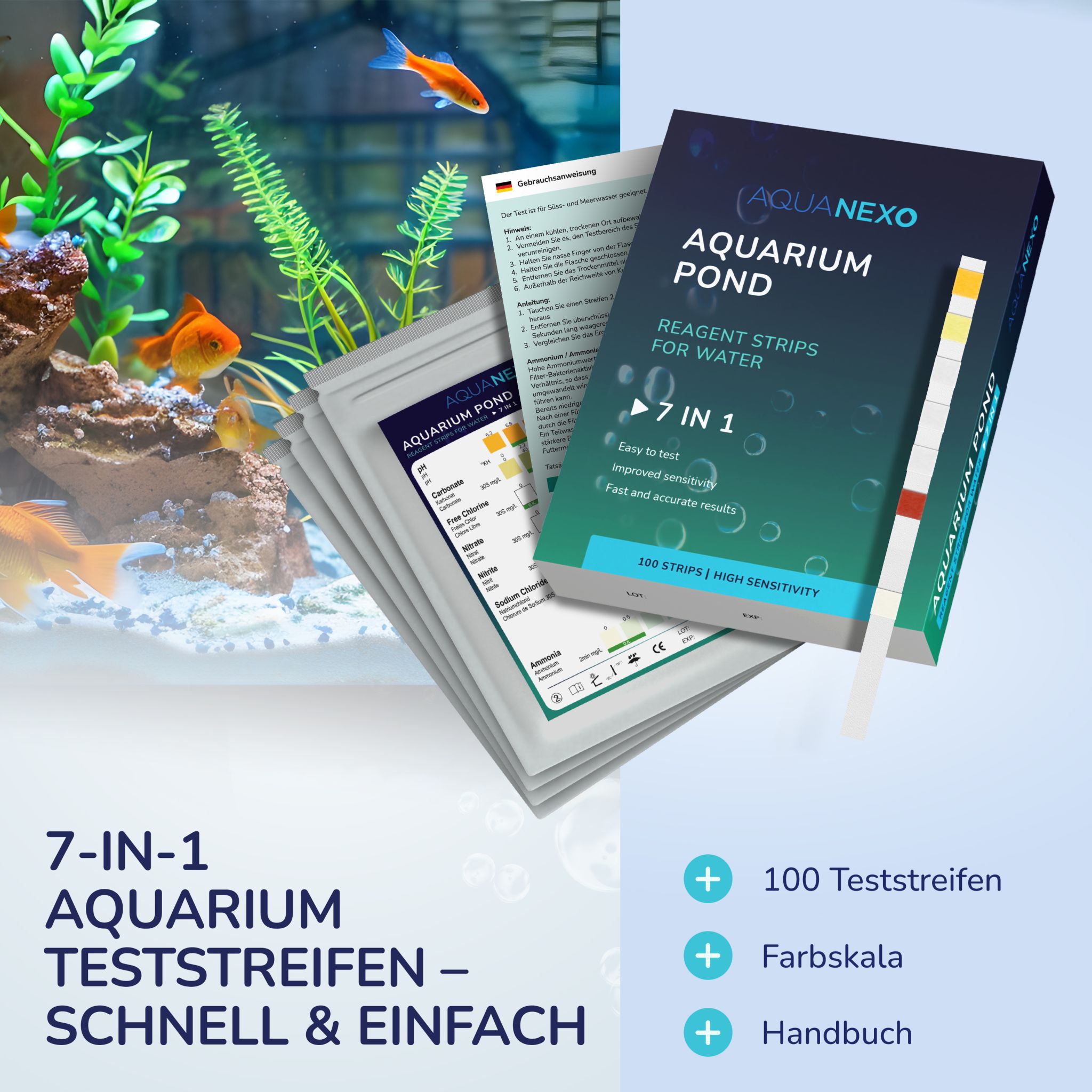 Aquanexo 7in1 Aquarium Teststreifen – Wassertest 100 Stück