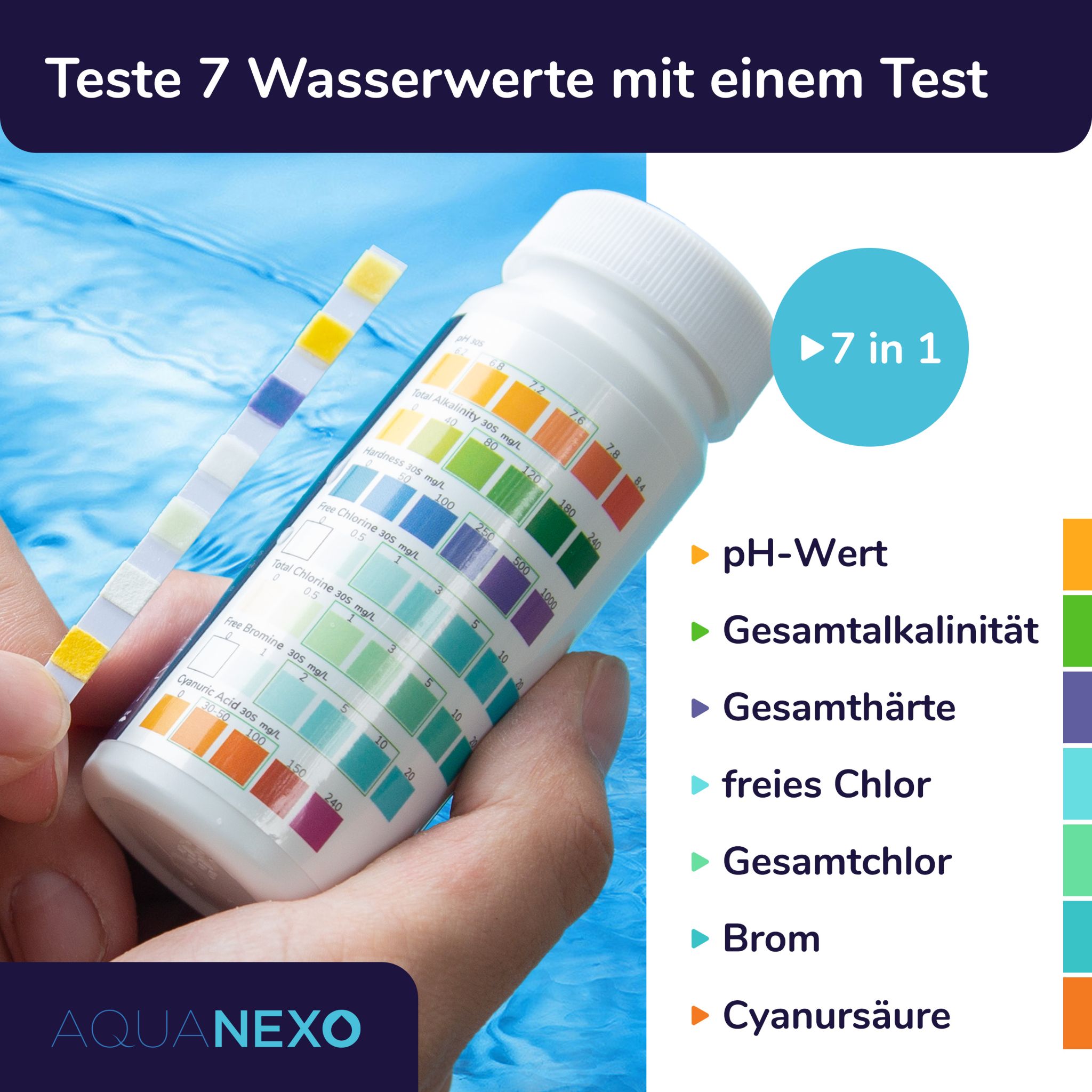 Aquanexo Teststreifen 7in1, pH und Chlor Wassertester 100 st.