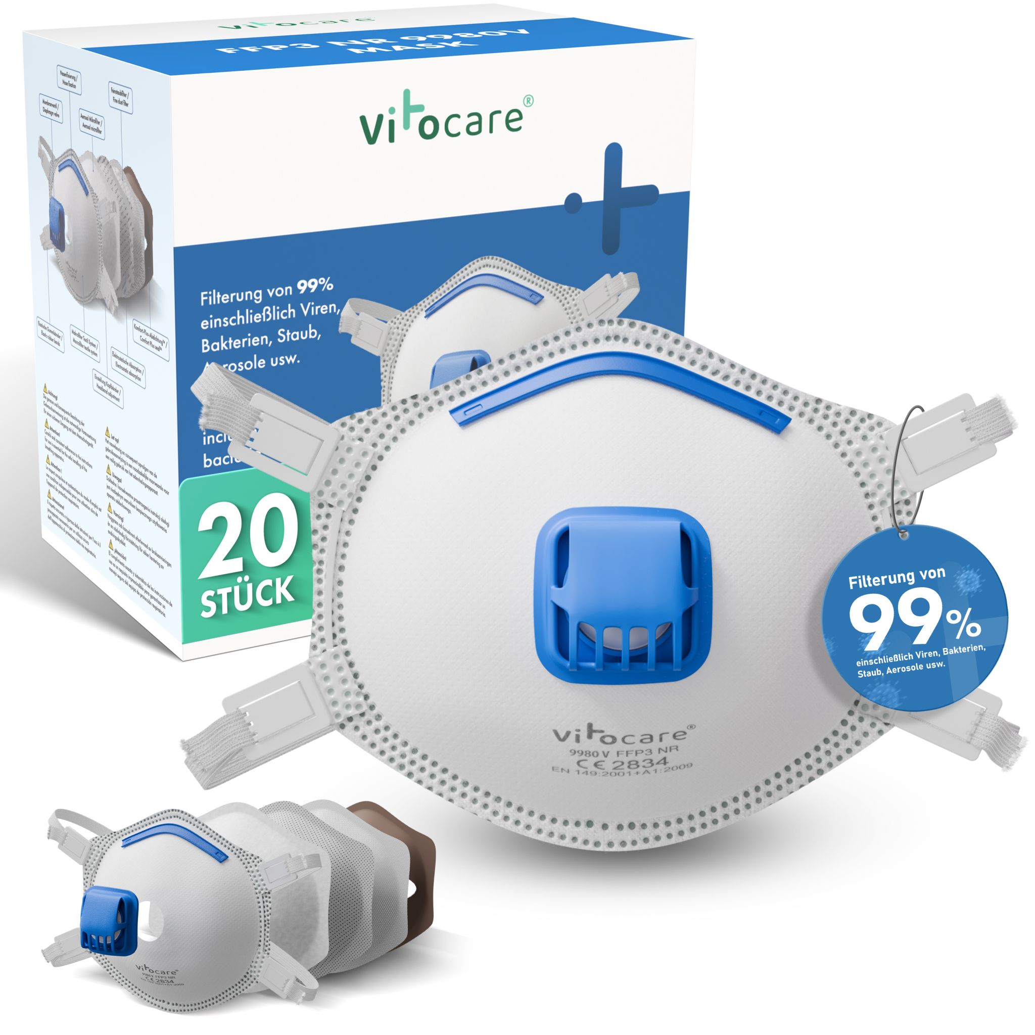 Vitocare FFP3 Atemschutzmaske mit Ventil, 20er Pack, weiß