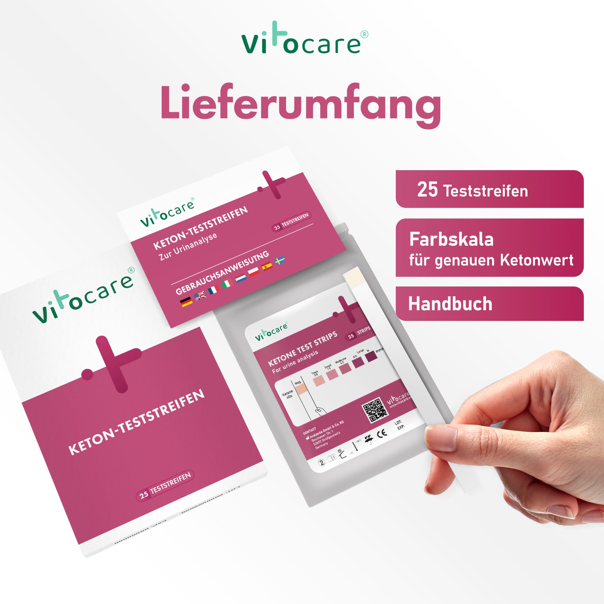Vitocare 25x Ketose Teststreifen mit Handbuch, Urin Teststreifen unterstützen beim Abnehmen mit Low Carb Diät, Ketogene Ernährung, Ketone, Ketoneteststreifen
