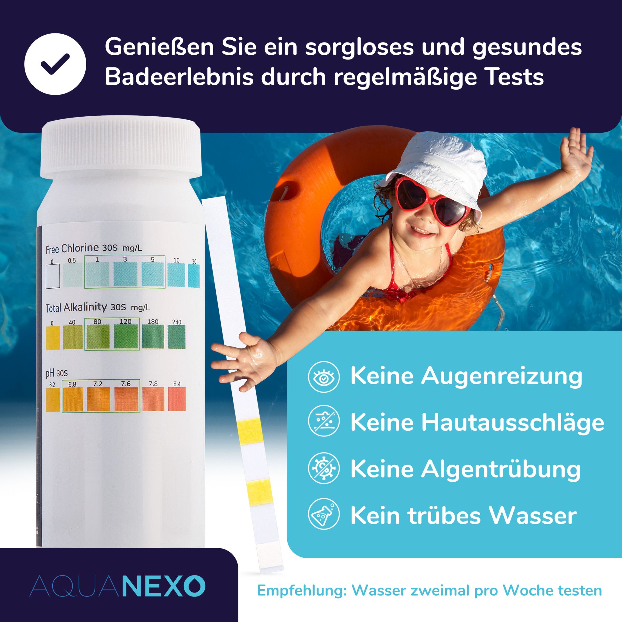 Aquanexo Pool Teststreifen 3in1 pH und Chlor Wassertester 100 st.