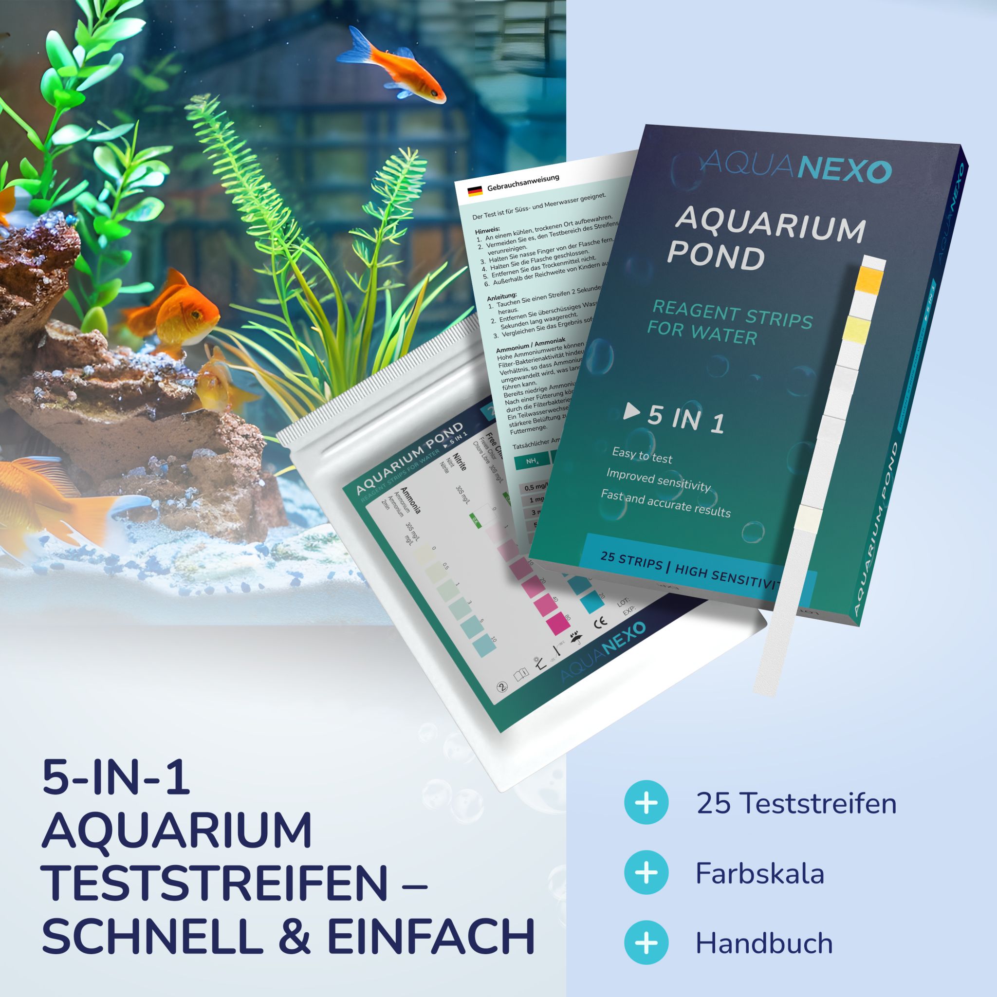 Aquanexo 5in1 Aquarium Teststreifen – Wassertest, 25 Stück