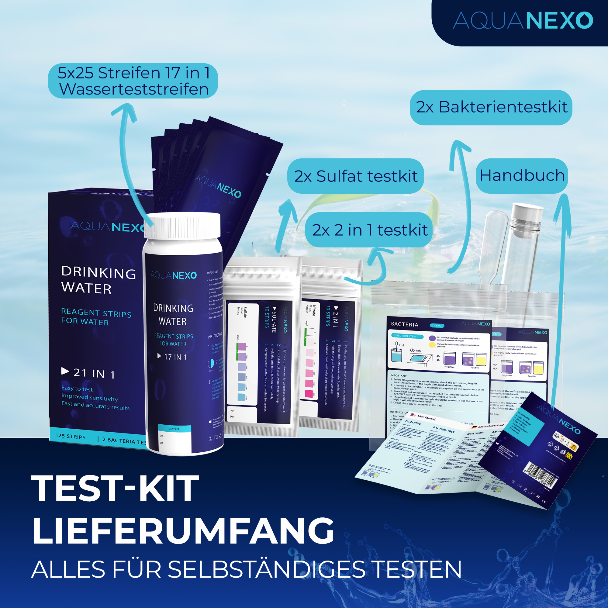 125 Wassertester Trinkwasser Teststreifen 17-in-1 + 2 Bakterientests + 10 Trinkwasser Teststreifen Nitrat/Nitrit + 10 Trinkwasserteststreifen Sulfate