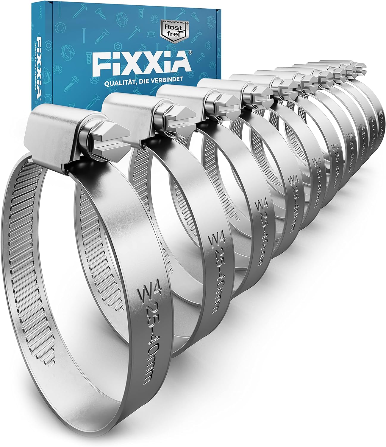 FIXXIA Schlauchschellen [25-40mm] - rostfreier robuster Edelstahl - Schlauchklemme - Schlauchschelle für Pool, Garten, KFZ & Waschmaschine geeignet 10er-Pack