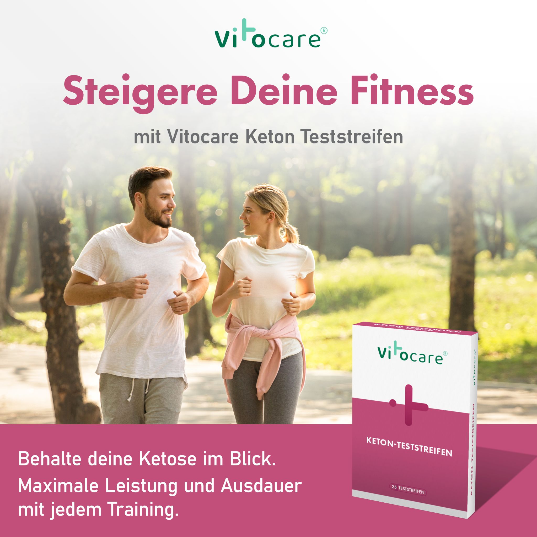 Vitocare 25x Ketose Teststreifen mit Handbuch, Urin Teststreifen unterstützen beim Abnehmen mit Low Carb Diät, Ketogene Ernährung, Ketone, Ketoneteststreifen
