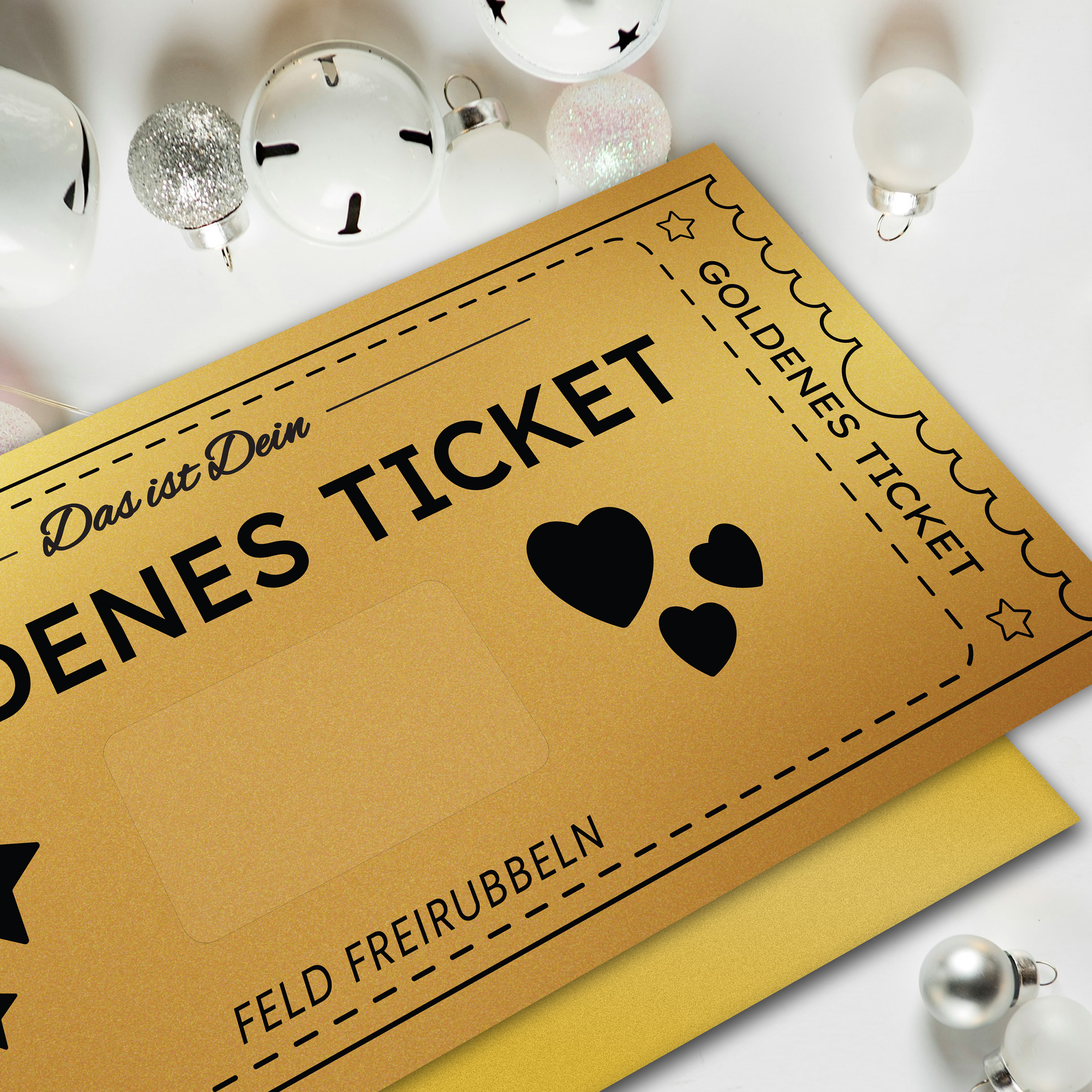 Goldenes Ticket mit Rubbelfeld für persönliche Botschaft (Gutschein) inkl. Umschlag