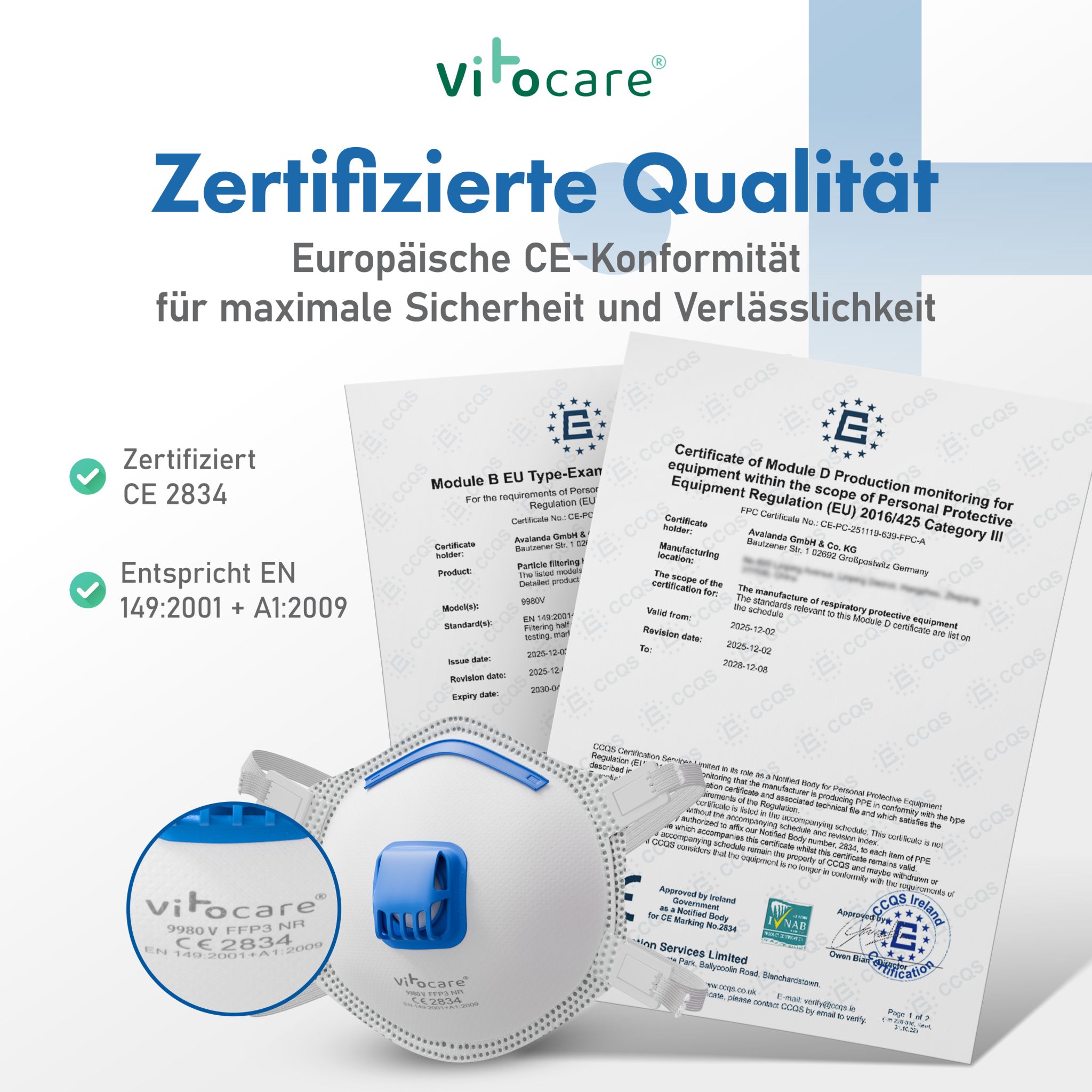 Vitocare FFP3 Atemschutzmaske mit Ventil, 20er Pack, weiß